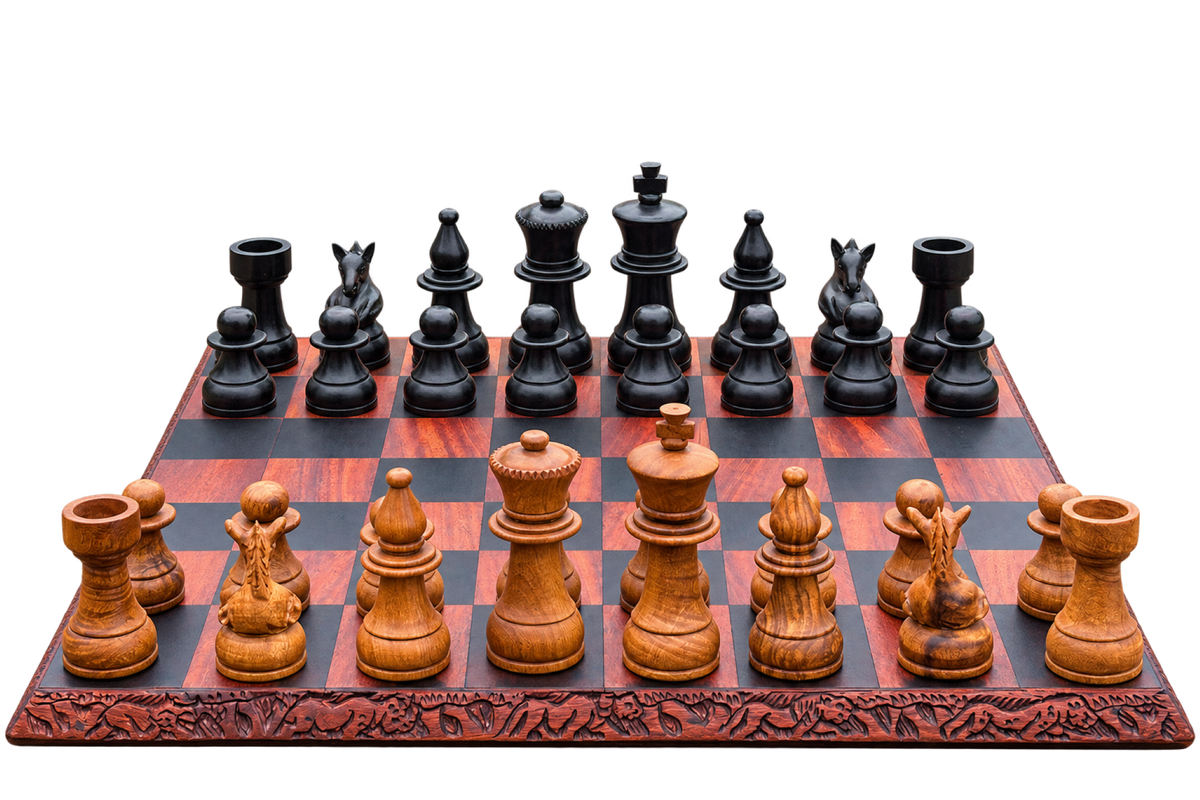 Handmade African solid wooden chess set with classic black and brown chess pieces on a decorative carved chessboard.