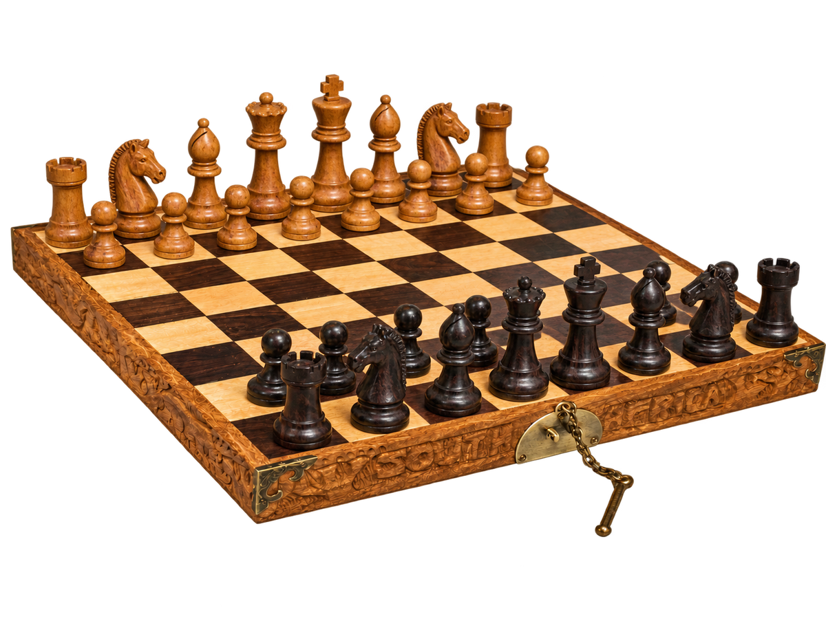 Handmade African folding wooden chess set with classic black and brown chess pieces, carved wooden board and brass closure.