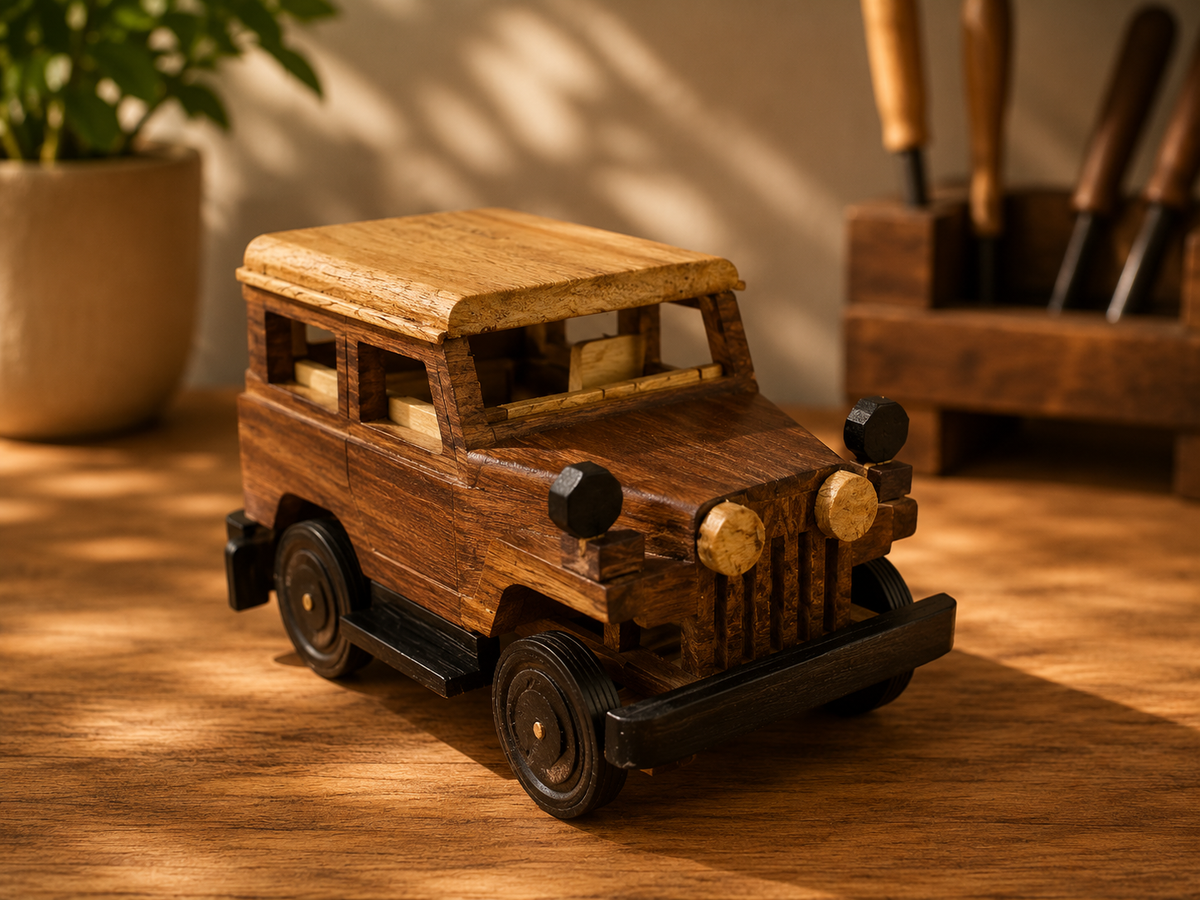 Handmade wooden Jeep ornament with detailed headlights, wheels and handcrafted finish