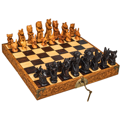 Handmade African folding wooden chess set with carved Big Five animal pieces, decorative wooden board and brass closure.