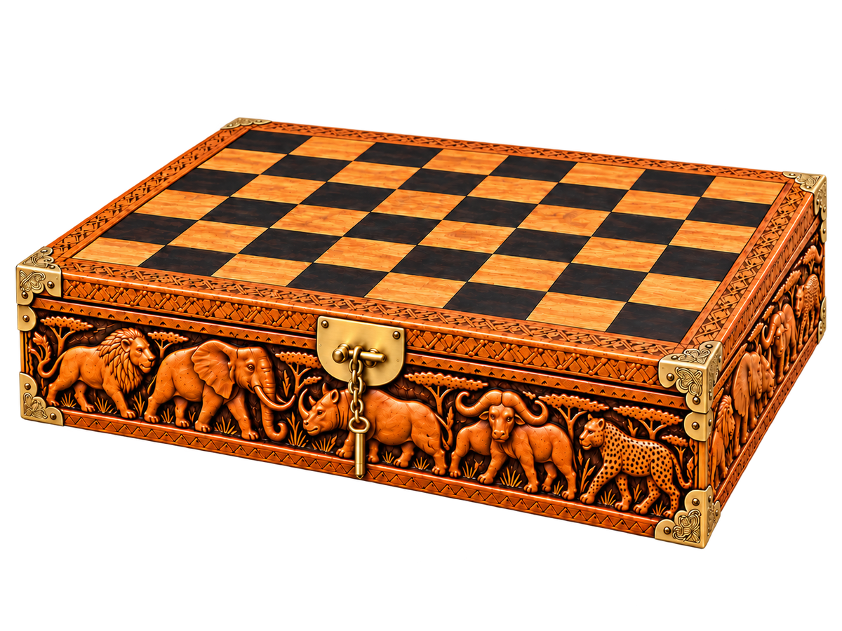 Handmade African folding wooden chessboard with Big Five animal carvings, brass corner protectors and decorative locking clasp.