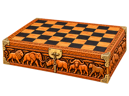 Handmade African folding wooden chessboard with Big Five animal carvings, brass corner protectors and decorative locking clasp.