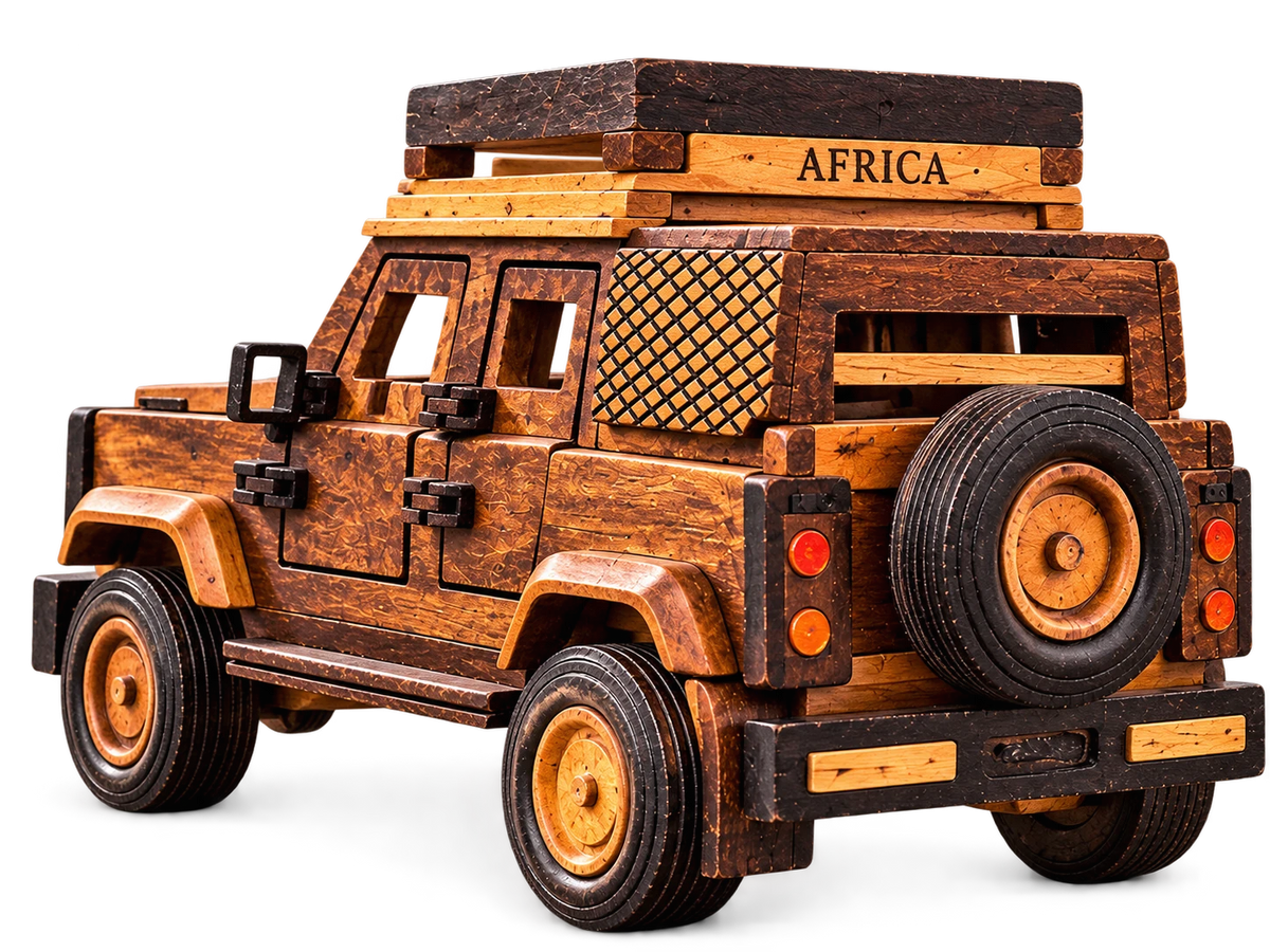Handcrafted African wooden safari vehicle ornament – rear view – Things From Africa.