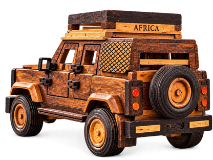 Handcrafted African wooden safari vehicle ornament – rear view – Things From Africa.