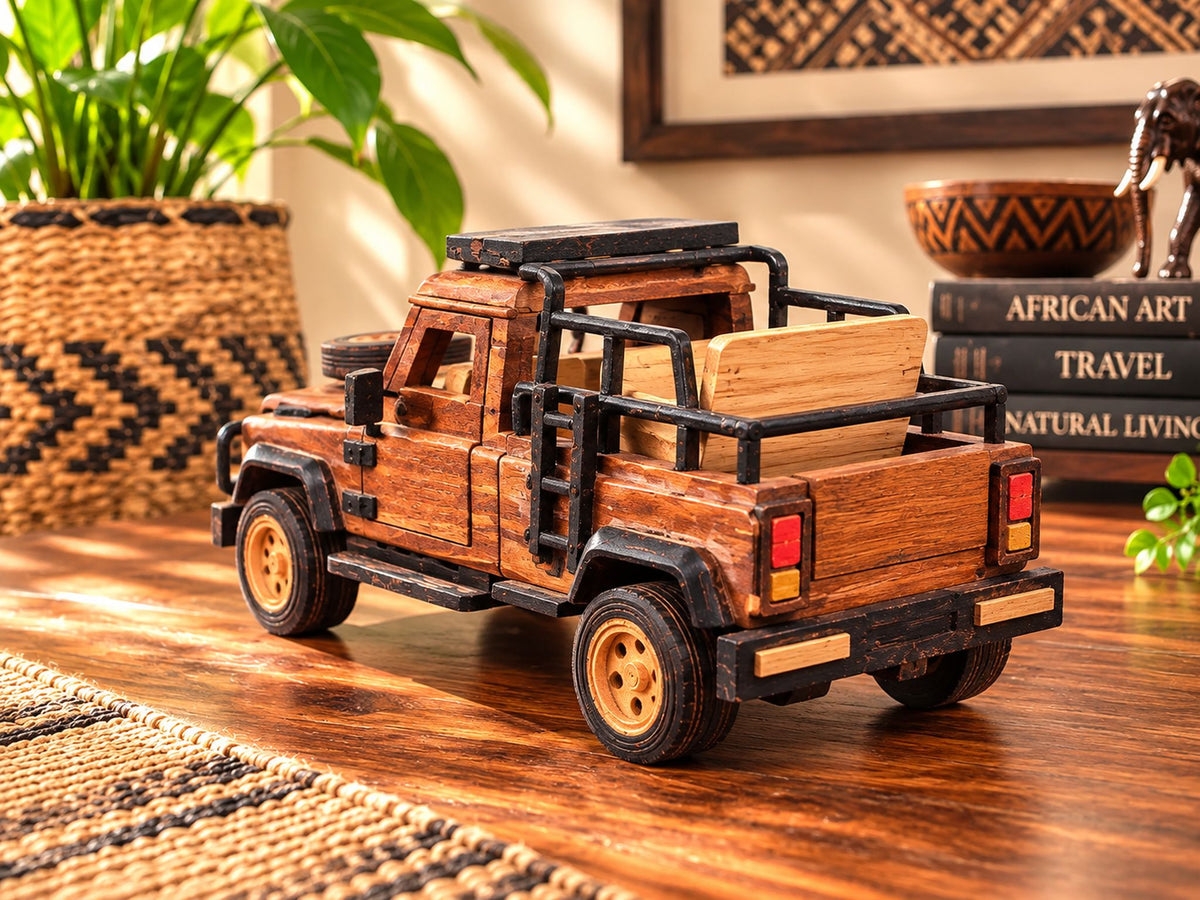 Handcrafted African wooden safari pickup truck – rear view – Things From Africa