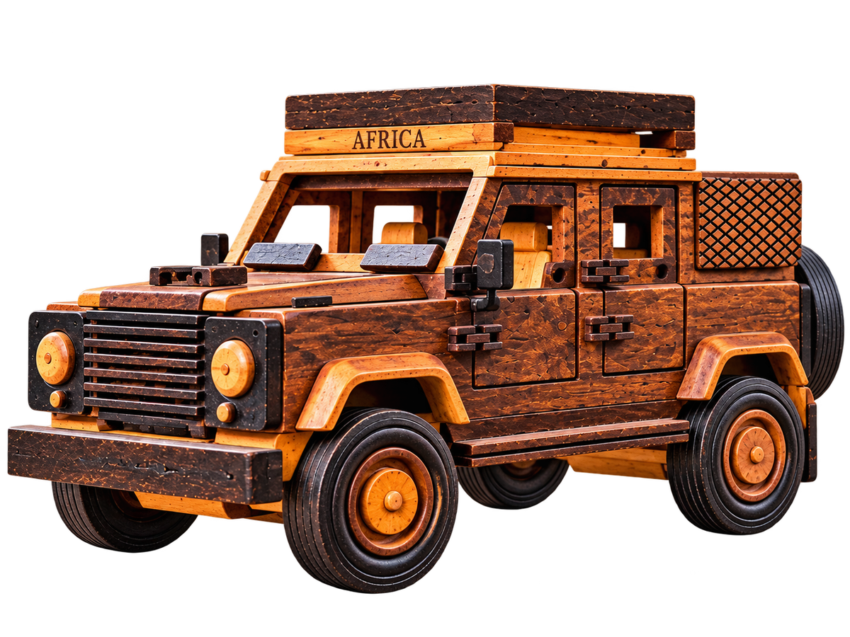 Handcrafted wooden African safari 4×4 viewed from the front left, with a roof rack, detailed grille, wooden wheel hubs and a rear spare wheel.
