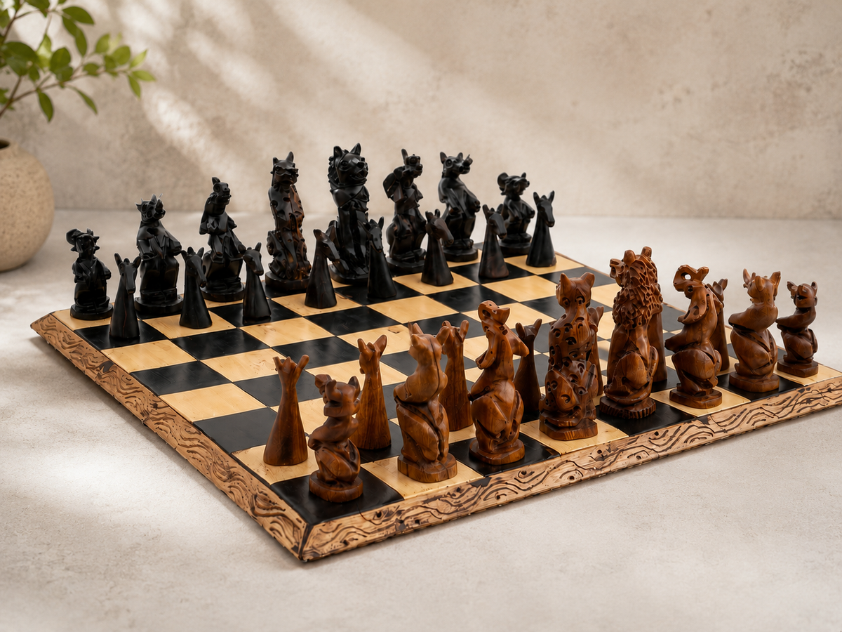 Handmade African wooden chess set with carved Big Five animal chess pieces