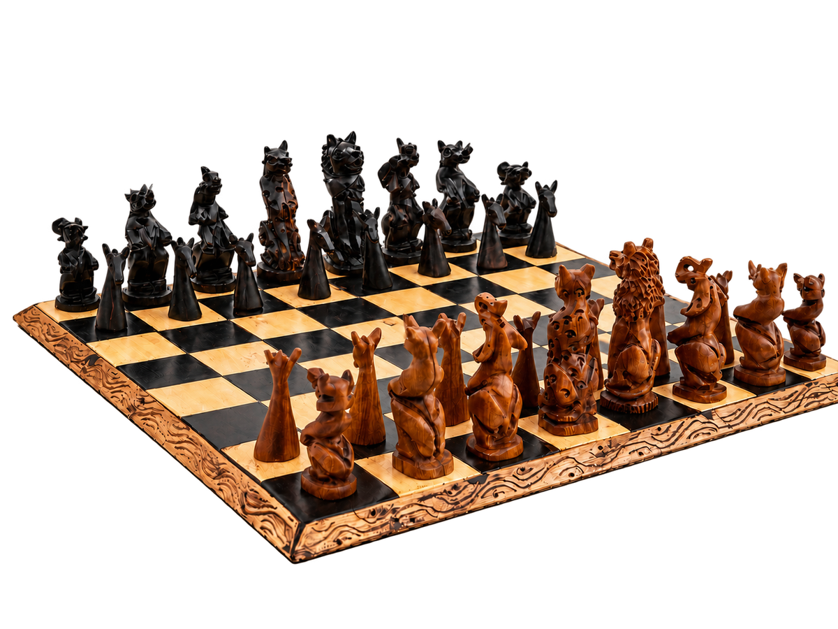 Handcrafted African wooden chess set with solid board, carved Big Five animal chess pieces and decorative wooden border.