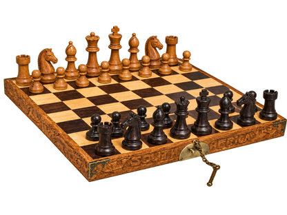 Handmade African folding wooden chess set with classic black and brown chess pieces, carved wooden board and brass closure.