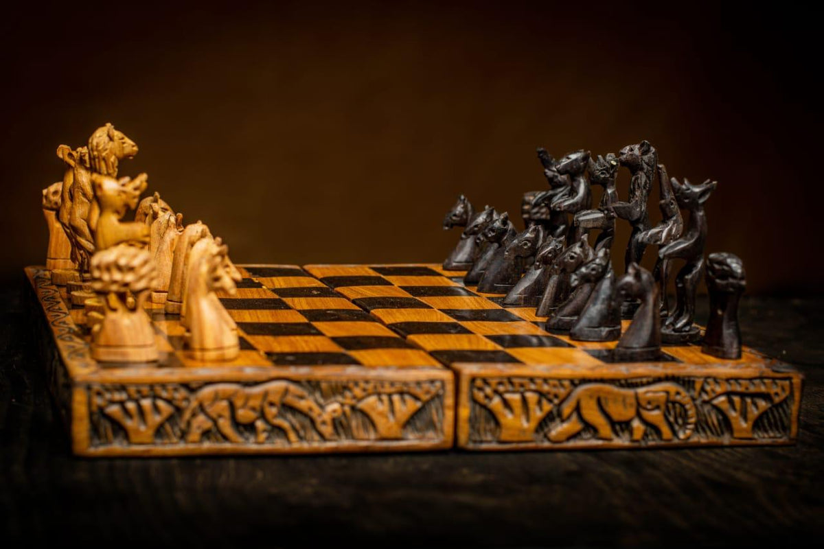 Handmade engraved African wooden chess set with Big Five animal chess pieces