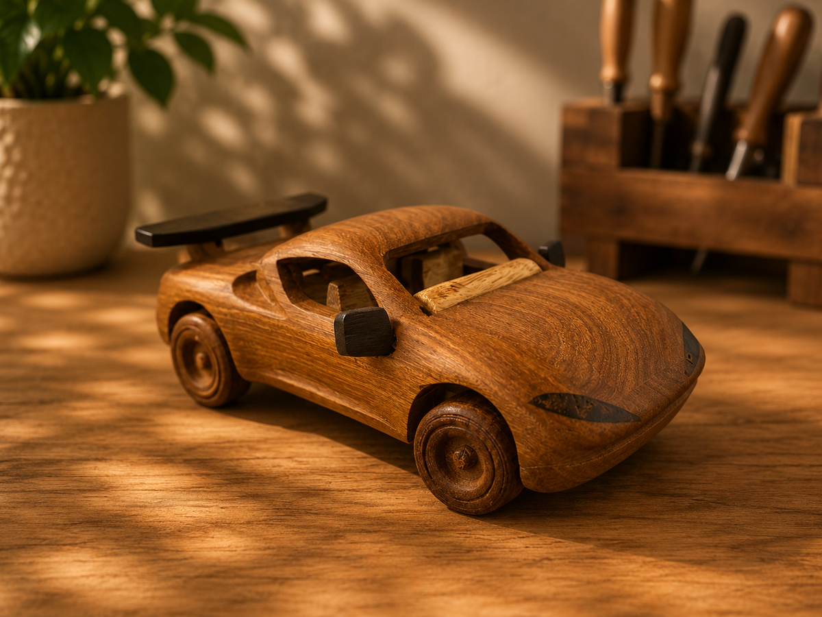 Handmade wooden classic car ornament with rear spoiler and detailed wooden wheels