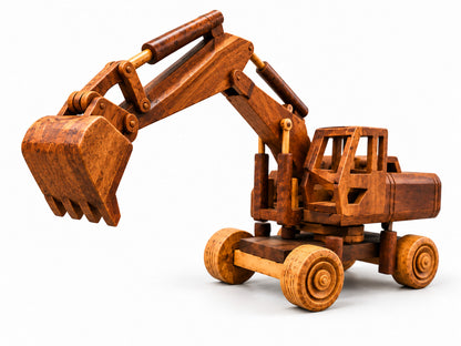 Handmade wooden excavator viewed from the front bucket angle, with its raised digging arm, wooden cab and four wheels against a white background.