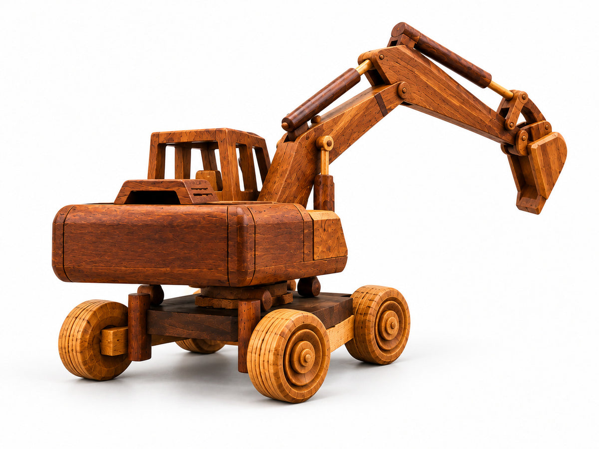 Handmade wooden excavator viewed from the rear, showing its four wheels and raised digging arm against a clean white background.