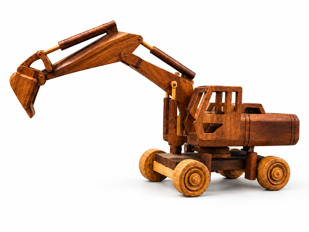 Handmade wooden excavator with four wheels and a raised digging arm, shown on a clean white background.