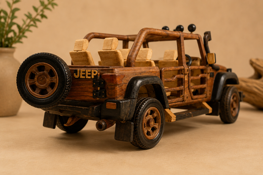 Handmade wooden Jeep safari ornament with open seats, spare wheel and detailed handcrafted finish
