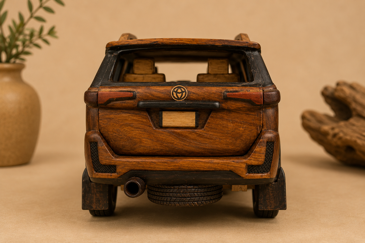 Rear view of handmade wooden safari SUV crafted by African artisans