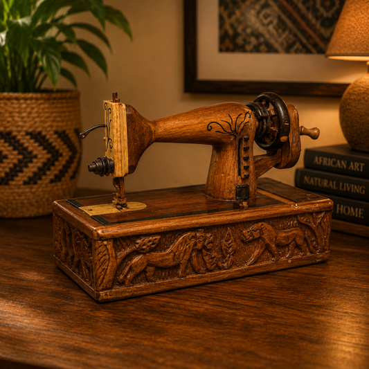 Handmade wooden sewing machine ornament with carved African wildlife details