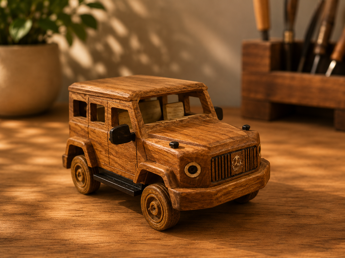 Handmade wooden wagon ornament with detailed wheels and handcrafted wooden finish