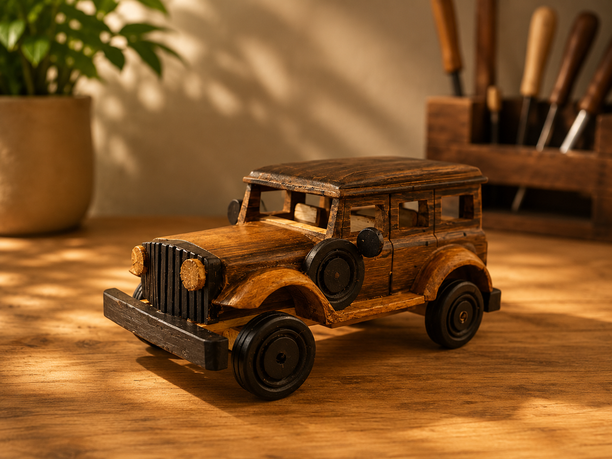 Handmade wooden vintage car ornament with detailed wheels and classic design