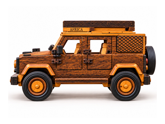 Handcrafted wooden African safari 4×4 toy shown from the side, with a roof rack, spare tyre, and contrasting dark and light wood details.