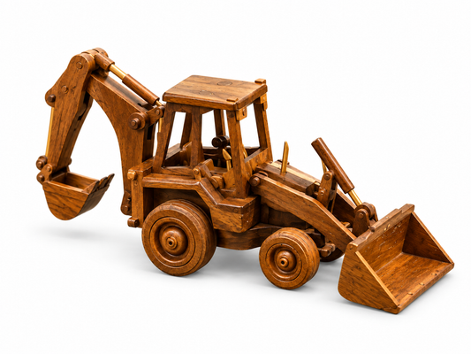 Handmade wooden backhoe loader with a rear digging arm and front bucket, photographed on a clean white background.