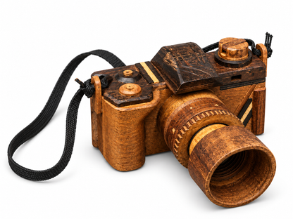 Handmade wooden camera sculpture with a carved lens and black strap, photographed against a clean light background.