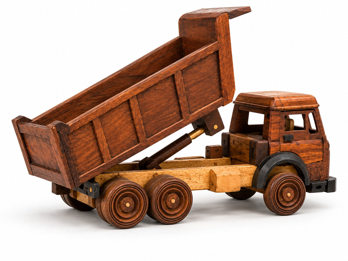 Handmade wooden dump truck viewed from the opposite side, with its raised tipping bed and six wheels visible against a clean white background.