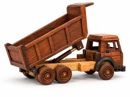 Handmade wooden dump truck viewed from the opposite side, with its raised tipping bed and six wheels visible against a clean white background.