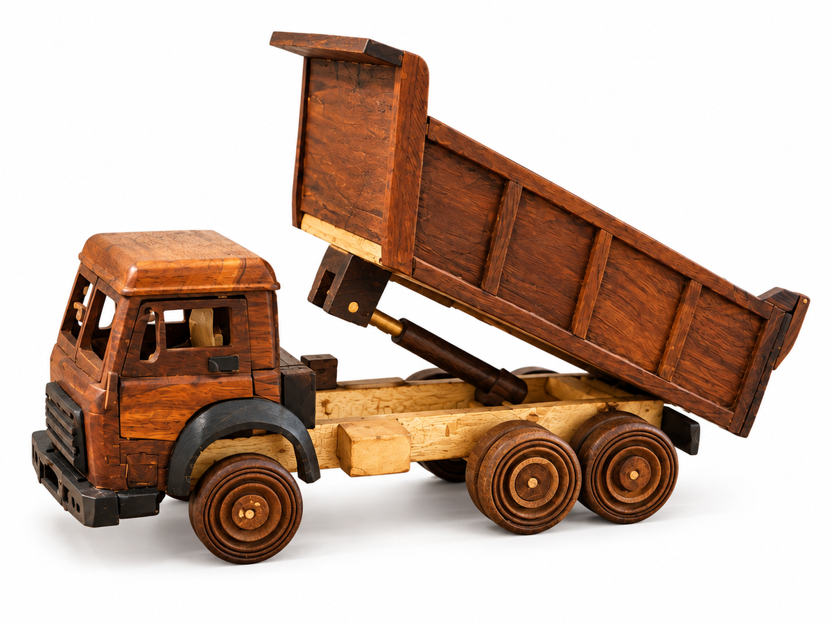 Handmade wooden dump truck with raised tipping bed, shown from the side on a white background
