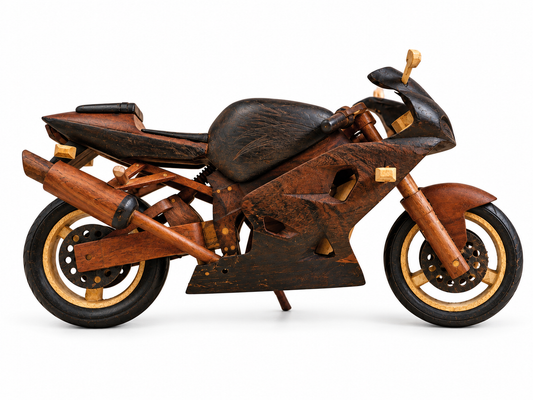 Handmade wooden motorcycle ornament crafted by African artisans
